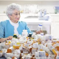 Senior woman with mountain of pill bottles