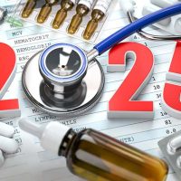 The number 2025 is surrounded by medications and a stethoscope, indicating new trends in healthcare.