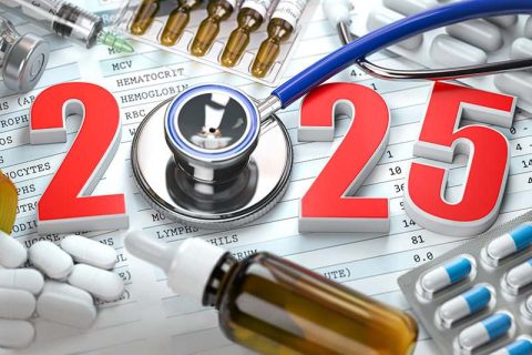 The number 2025 is surrounded by medications and a stethoscope, indicating new trends in healthcare.