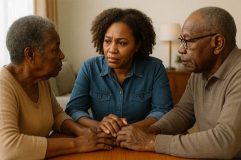 A woman incorporates tips for caring for your parents as they age by having a conversation with her mom and dad.