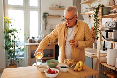 A man living alone with dementia prepares his breakfast.